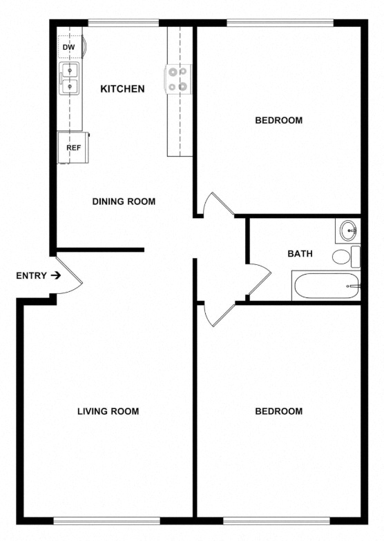 Floor plan for 2 beds, 1 bath, 763 sqft